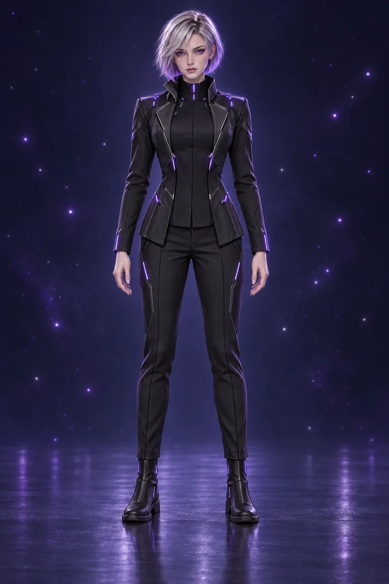 Nexandra, avatar oficial de cabello plateado y uniforme grafito