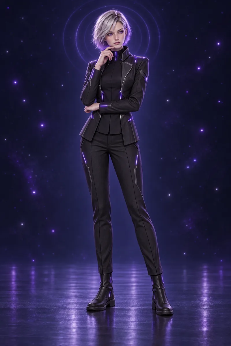 Nexandra, avatar oficial de cabello plateado y uniforme grafito